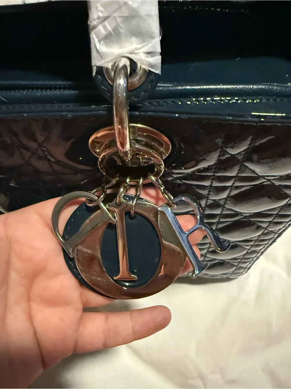 Dior Navy Patent Quilted Tote with CD Charm